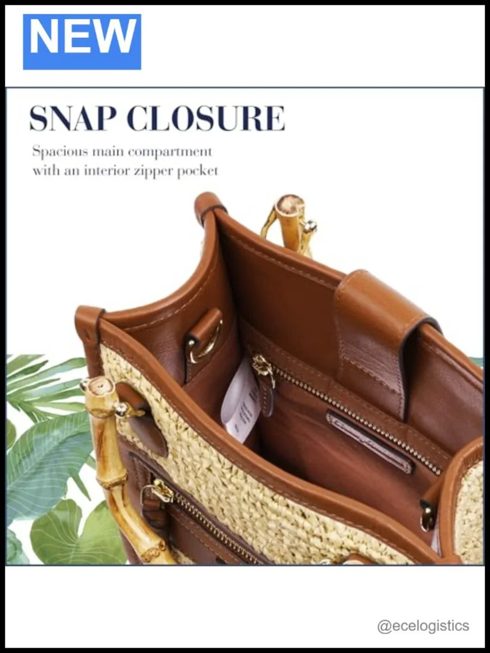 Raffia Tote Bag with Bamboo Handle, Leather Trim, Structured Summer Handbag
